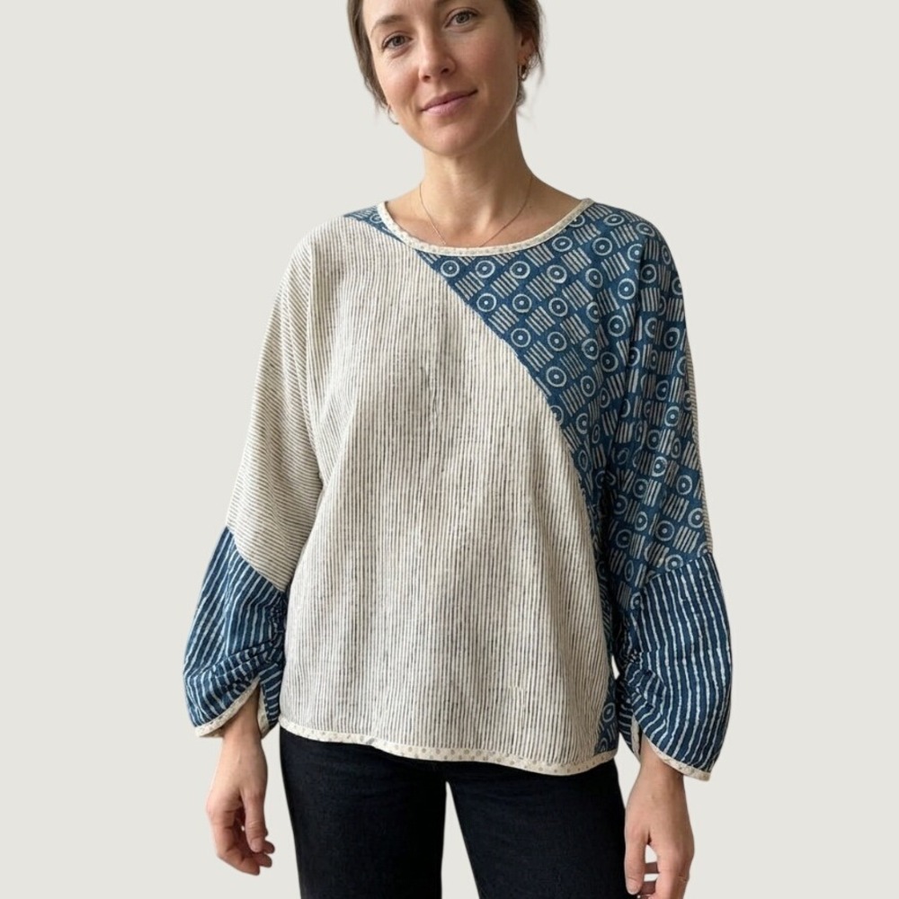 Artisan Block Print Blouse Indigo Blue Mixed Geometric Stripe Cotton Top OS